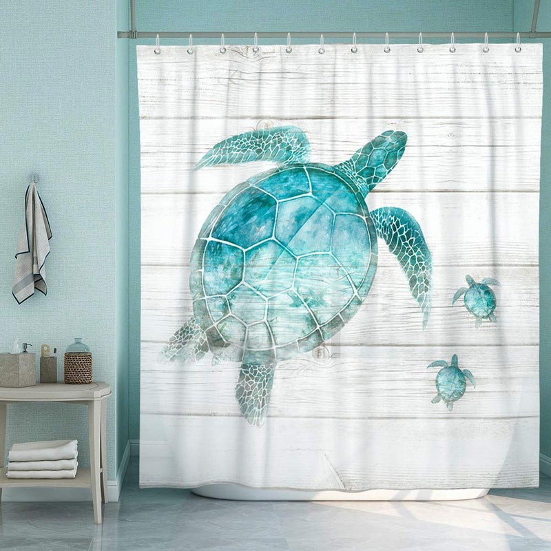 SUMGAR Blue Ocean Shower Curtains for Bathroom Stall Rv Coastal Beach Decoration Teal Sea Turtle Curtain Set with Hooks, 72 x 72 inch - Image 1